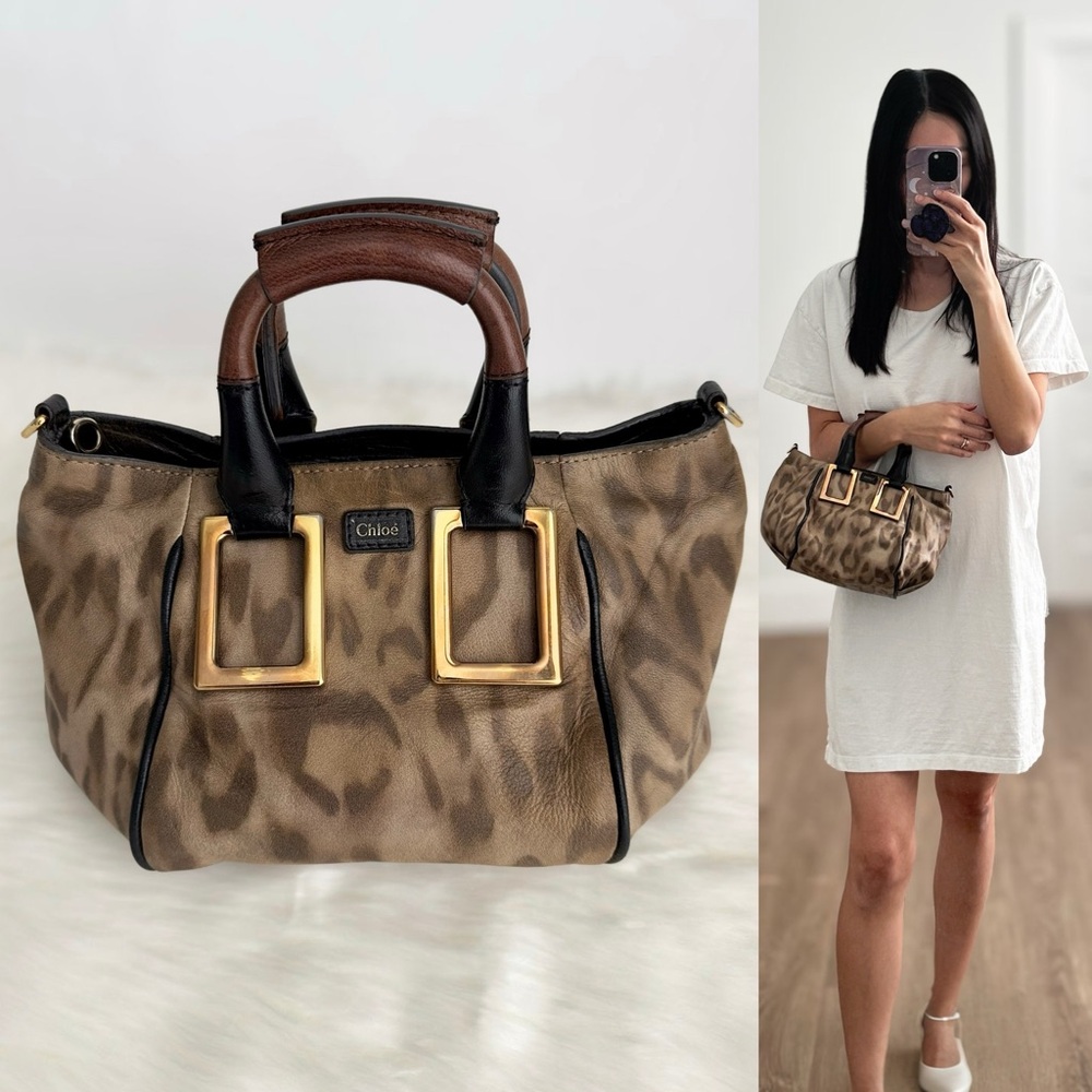 Chloe Brown Leopard Print Canvas Top-Handle Bag with Gold Hardware